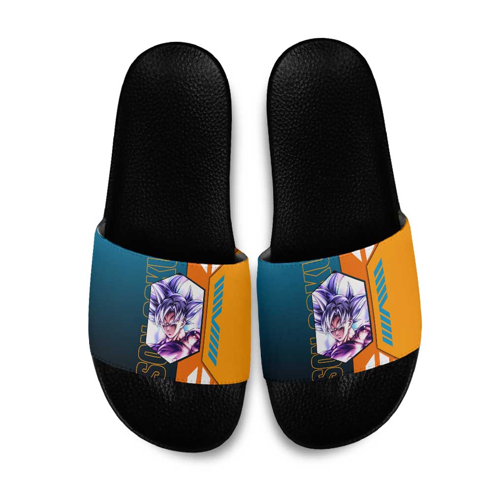 Son Goku from Dragon Ball Slide Sandals with Orange Gi, Power Pose, and Energy Effect Design - The Mazicc