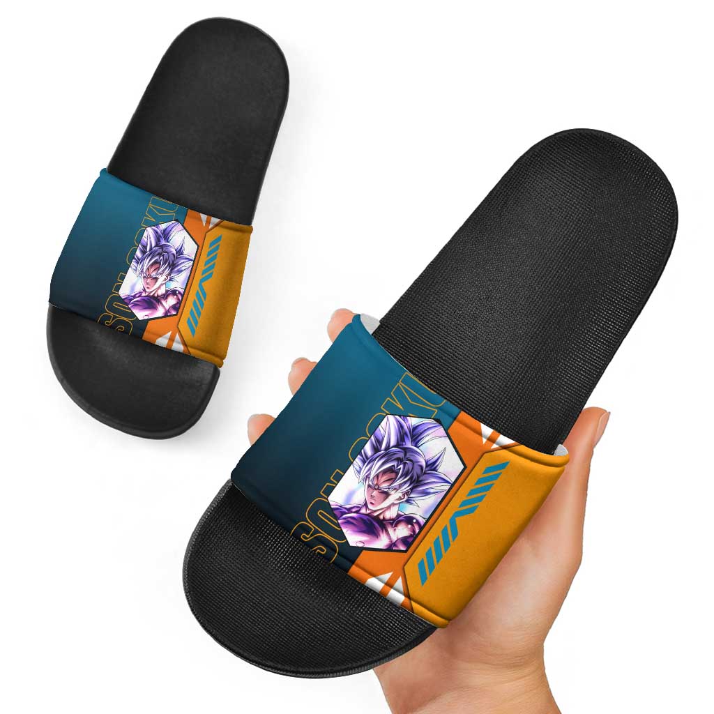 Son Goku from Dragon Ball Slide Sandals with Orange Gi, Power Pose, and Energy Effect Design - The Mazicc