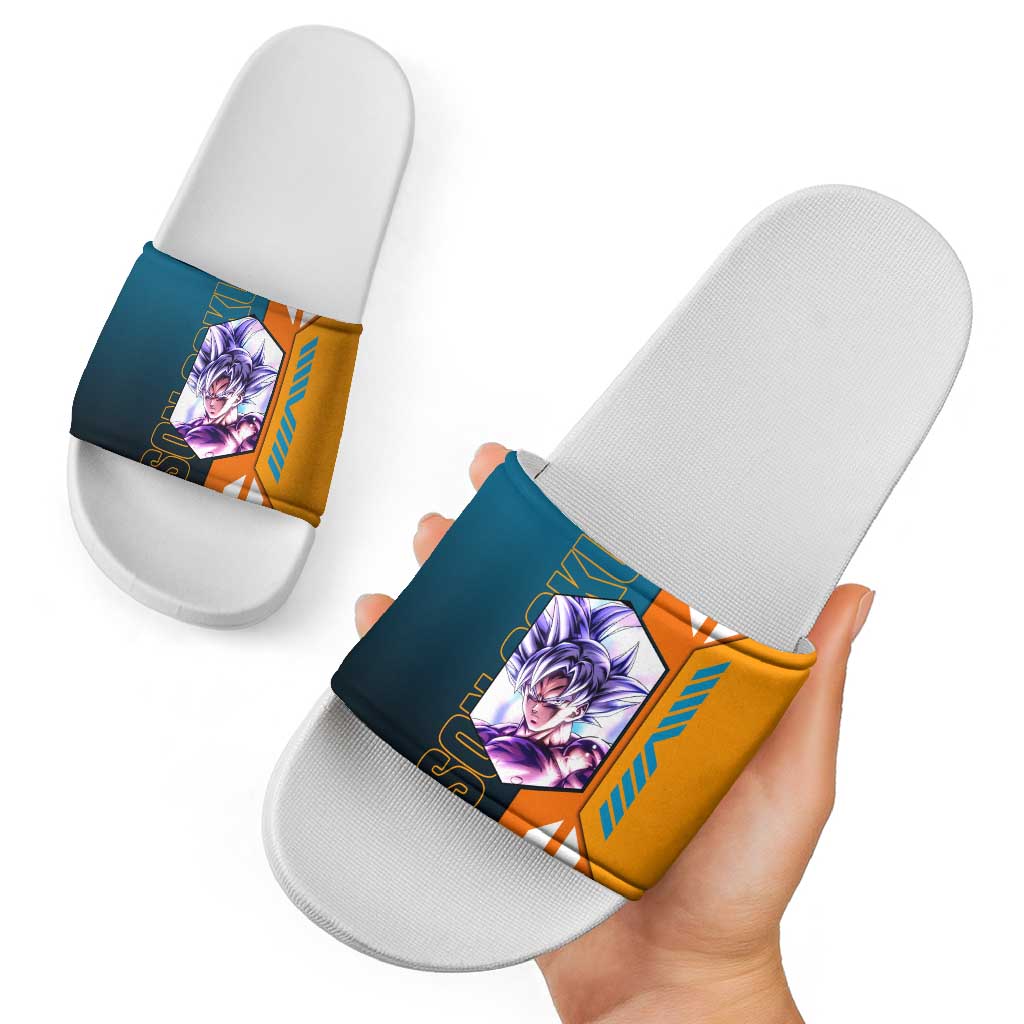 Son Goku from Dragon Ball Slide Sandals with Orange Gi, Power Pose, and Energy Effect Design - The Mazicc