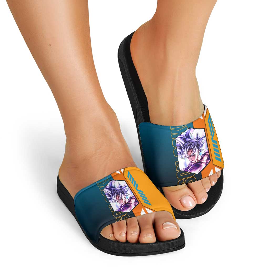 Son Goku from Dragon Ball Slide Sandals with Orange Gi, Power Pose, and Energy Effect Design - The Mazicc
