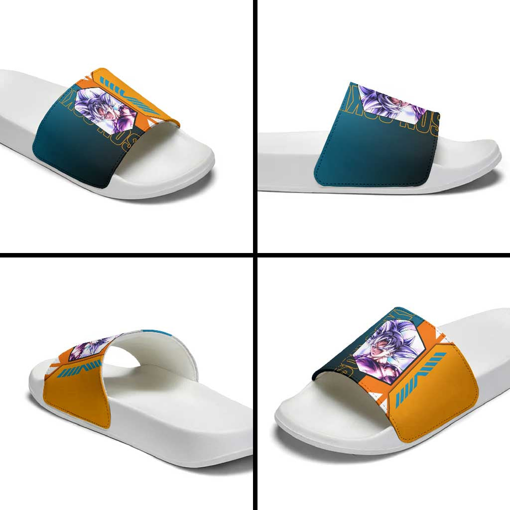 Son Goku from Dragon Ball Slide Sandals with Orange Gi, Power Pose, and Energy Effect Design - The Mazicc