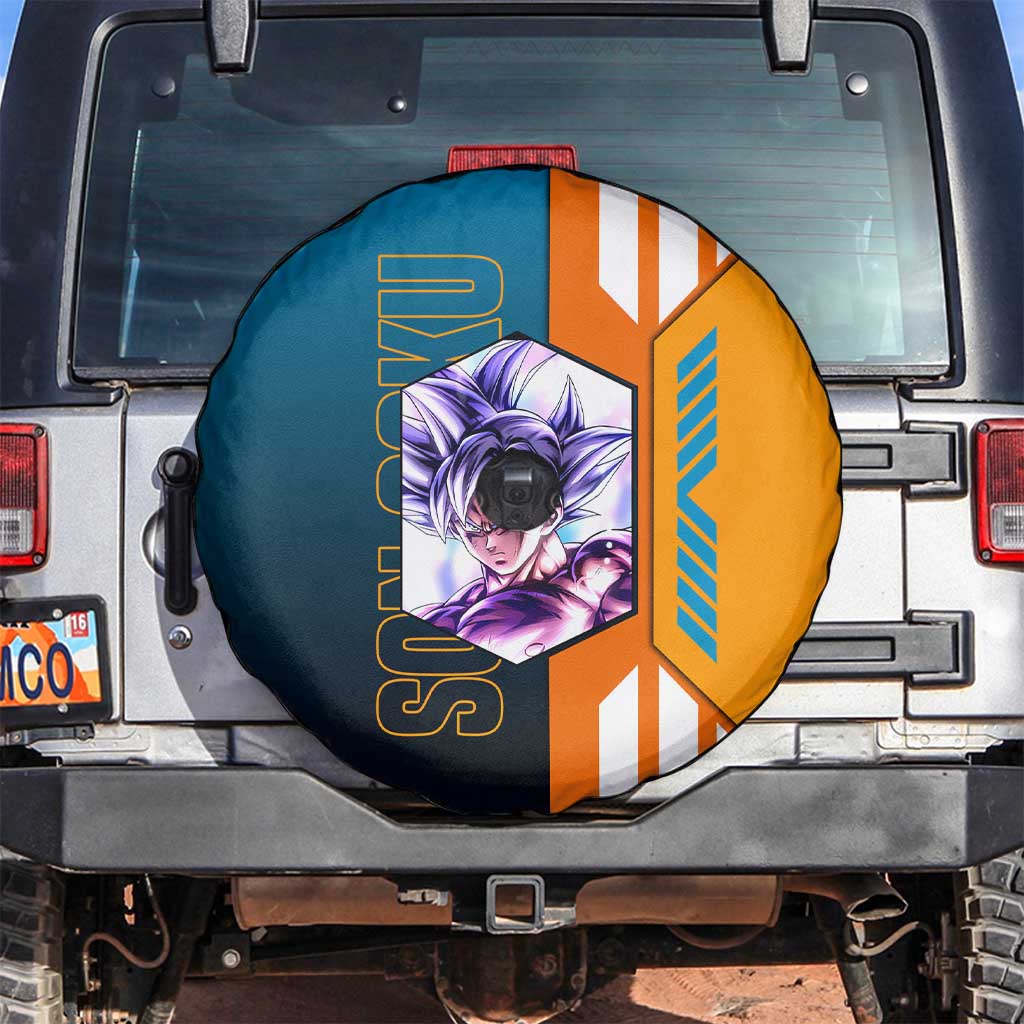 Son Goku from Dragon Ball Spare Tire Cover with Orange Gi, Power Pose, and Energy Effect Design - The Mazicc