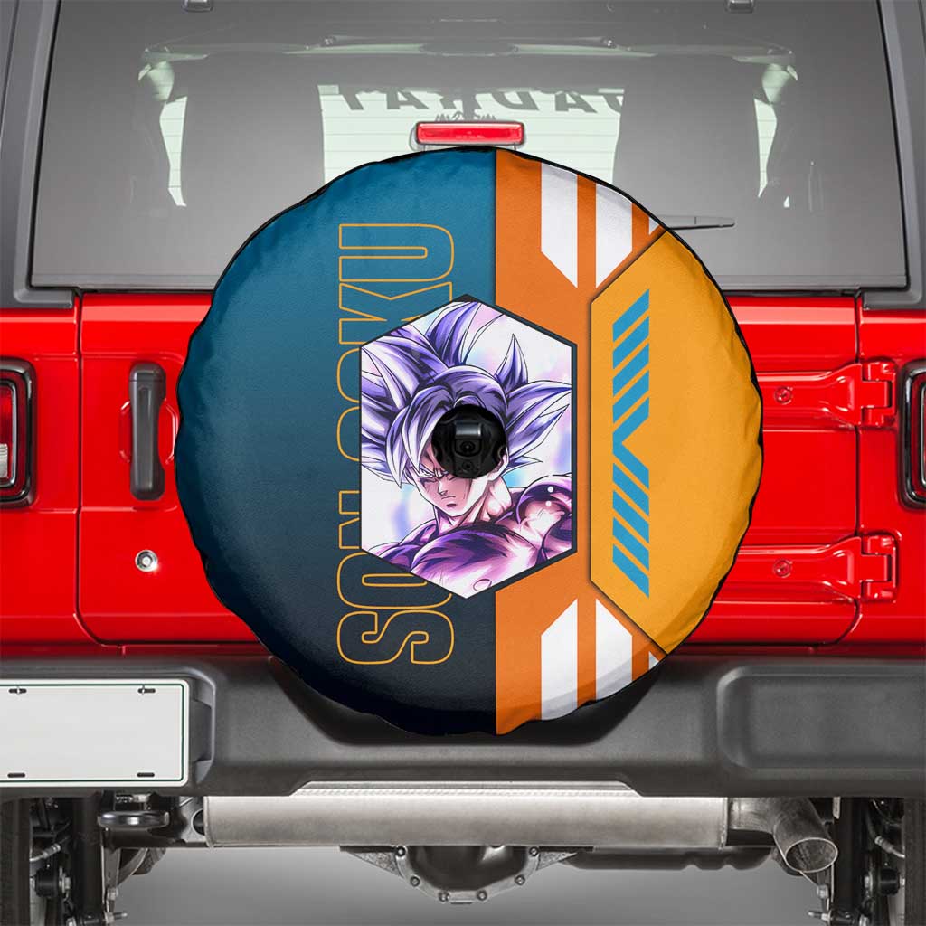 Son Goku from Dragon Ball Spare Tire Cover with Orange Gi, Power Pose, and Energy Effect Design - The Mazicc