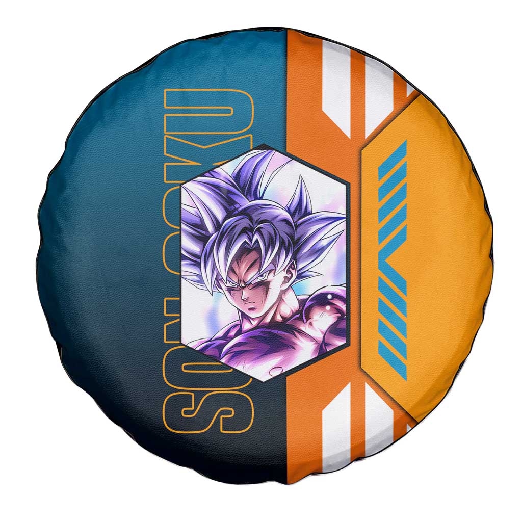 Son Goku from Dragon Ball Spare Tire Cover with Orange Gi, Power Pose, and Energy Effect Design - The Mazicc