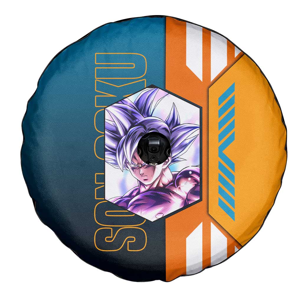 Son Goku from Dragon Ball Spare Tire Cover with Orange Gi, Power Pose, and Energy Effect Design - The Mazicc