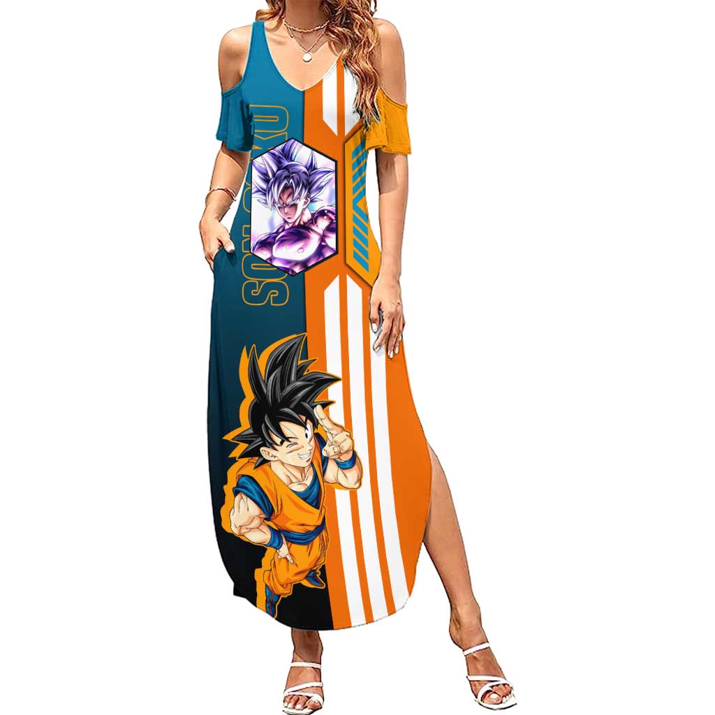 Son Goku from Dragon Ball Summer Maxi Dress with Orange Gi, Power Pose, and Energy Effect Design - The Mazicc