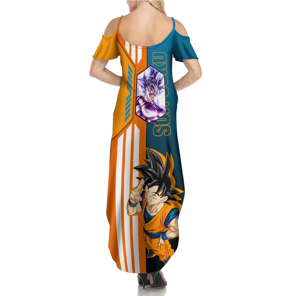 Son Goku from Dragon Ball Summer Maxi Dress with Orange Gi, Power Pose, and Energy Effect Design - The Mazicc