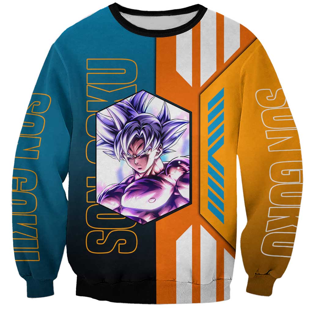 Son Goku from Dragon Ball Sweatshirt with Orange Gi, Power Pose, and Energy Effect Design - The Mazicc