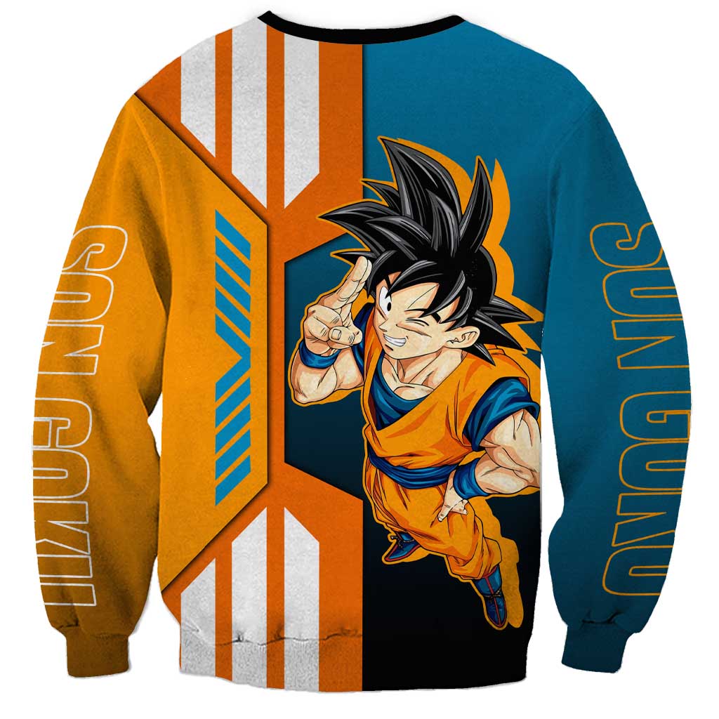 Son Goku from Dragon Ball Sweatshirt with Orange Gi, Power Pose, and Energy Effect Design - The Mazicc