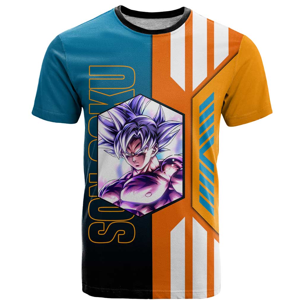 Son Goku from Dragon Ball T Shirt with Orange Gi, Power Pose, and Energy Effect Design - The Mazicc