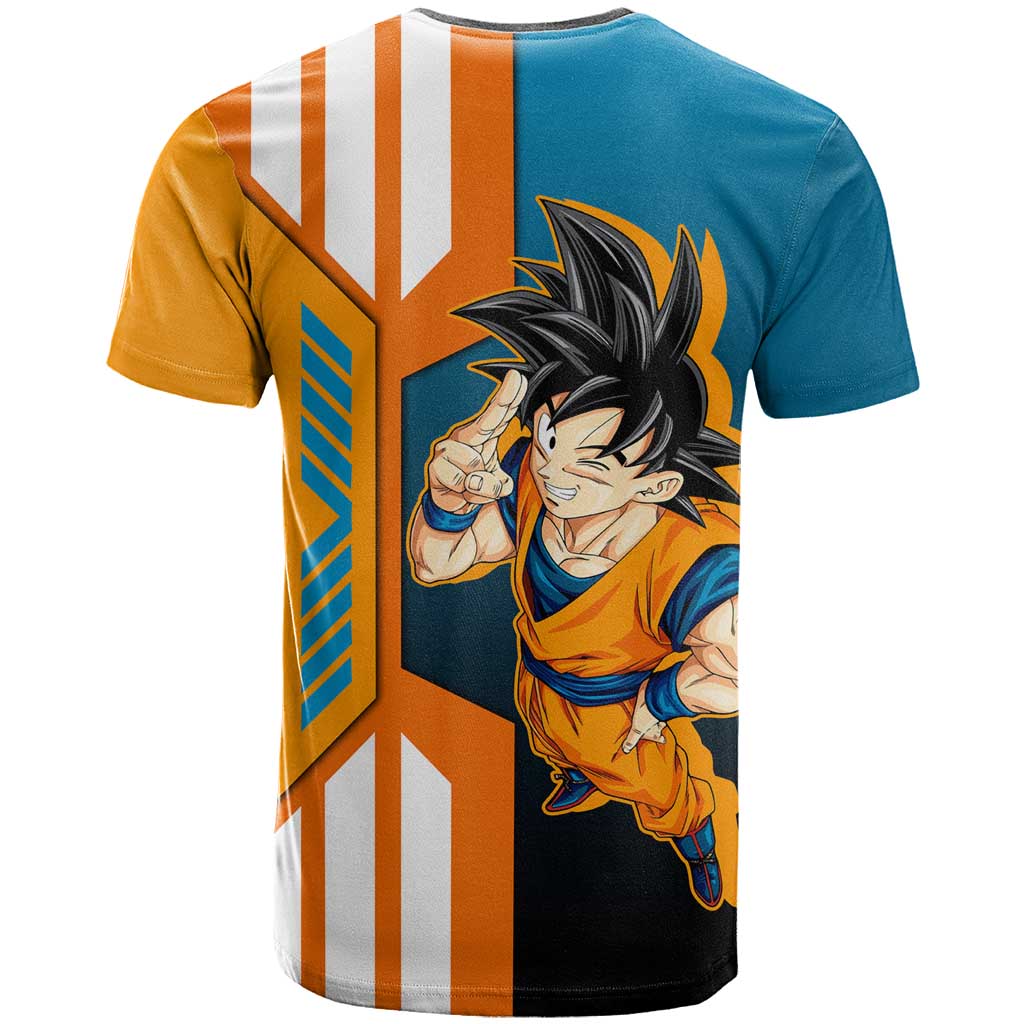 Son Goku from Dragon Ball T Shirt with Orange Gi, Power Pose, and Energy Effect Design - The Mazicc