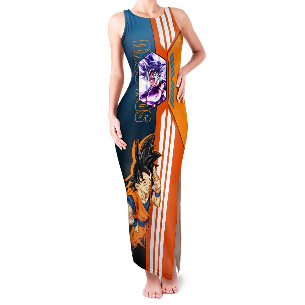 Son Goku from Dragon Ball Tank Maxi Dress with Orange Gi, Power Pose, and Energy Effect Design - The Mazicc