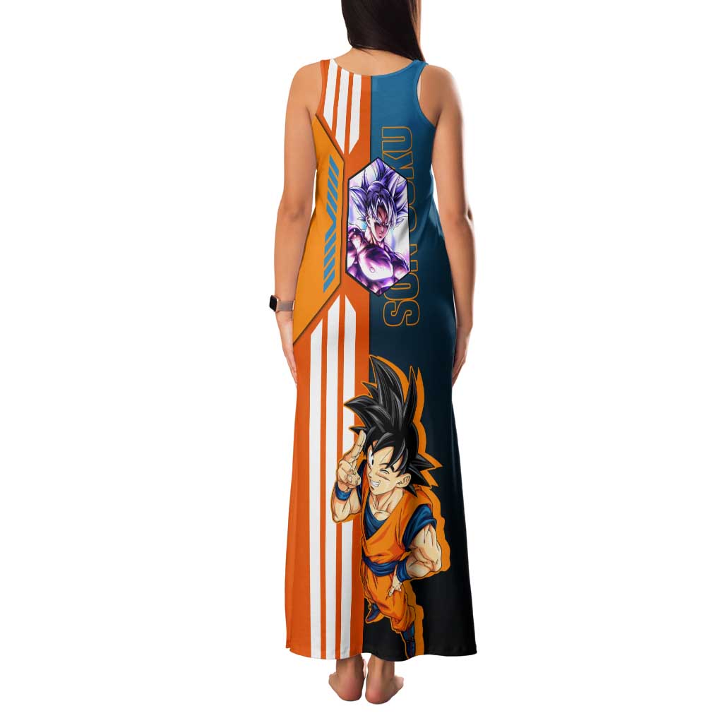 Son Goku from Dragon Ball Tank Maxi Dress with Orange Gi, Power Pose, and Energy Effect Design - The Mazicc