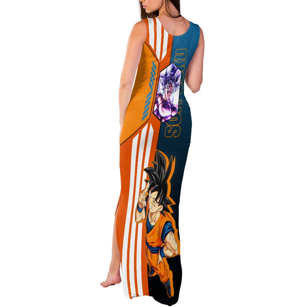 Son Goku from Dragon Ball Tank Maxi Dress with Orange Gi, Power Pose, and Energy Effect Design - The Mazicc