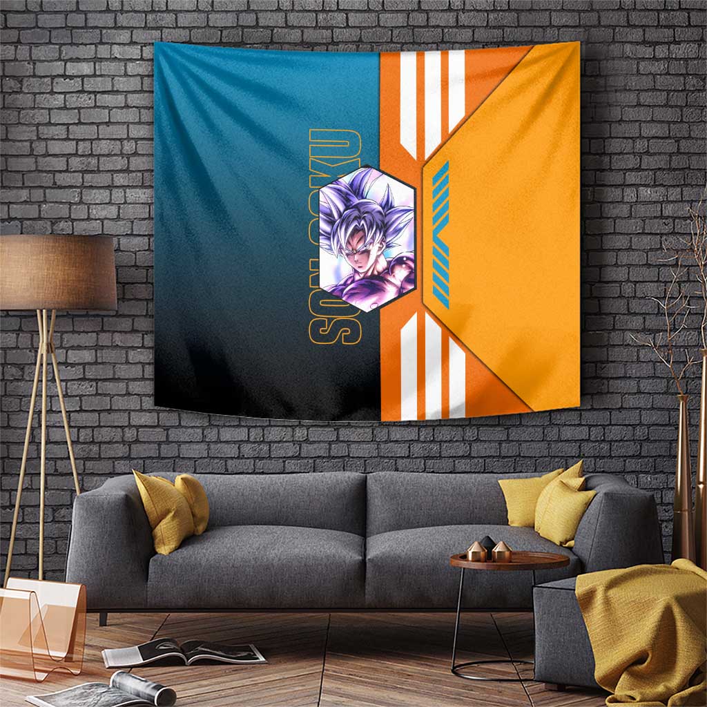 Son Goku from Dragon Ball Tapestry with Orange Gi, Power Pose, and Energy Effect Design - The Mazicc