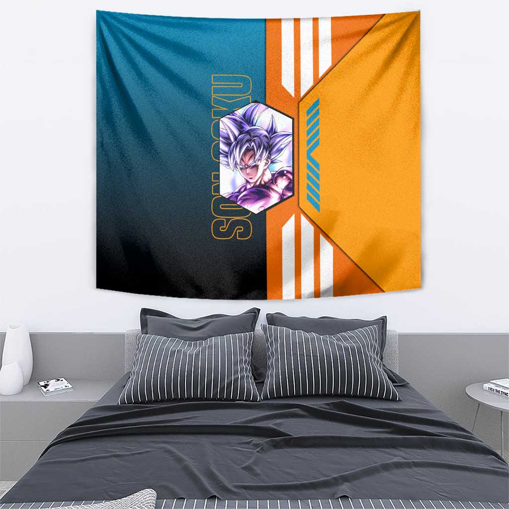 Son Goku from Dragon Ball Tapestry with Orange Gi, Power Pose, and Energy Effect Design - The Mazicc