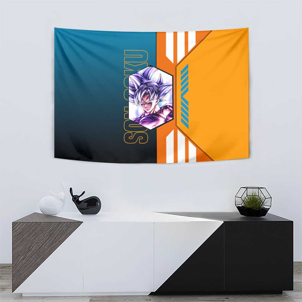 Son Goku from Dragon Ball Tapestry with Orange Gi, Power Pose, and Energy Effect Design - The Mazicc