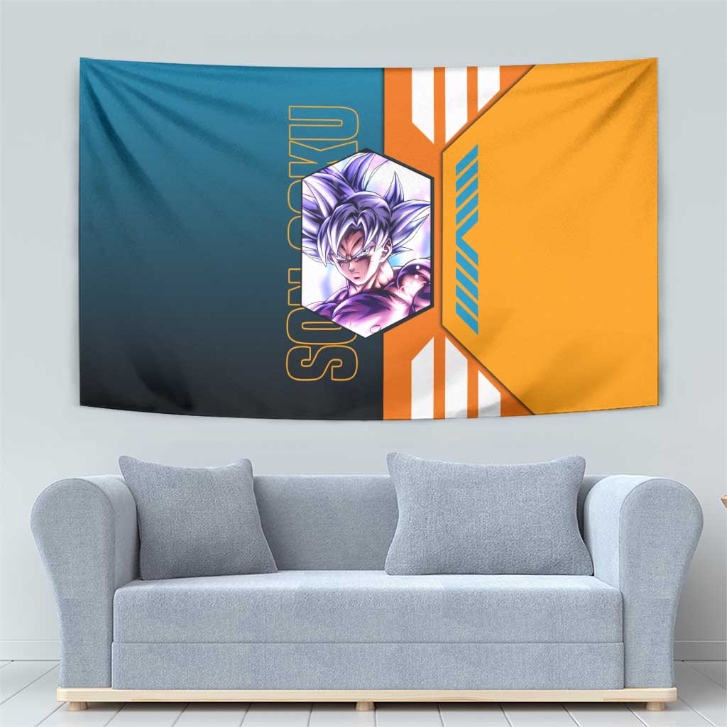 Son Goku from Dragon Ball Tapestry with Orange Gi, Power Pose, and Energy Effect Design - The Mazicc