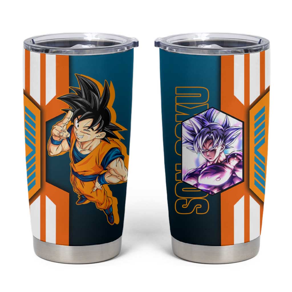 Son Goku from Dragon Ball Tumbler Cup with Orange Gi, Power Pose, and Energy Effect Design - The Mazicc