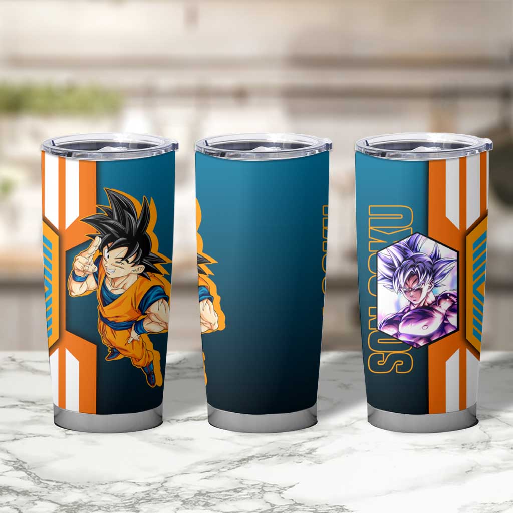 Son Goku from Dragon Ball Tumbler Cup with Orange Gi, Power Pose, and Energy Effect Design - The Mazicc