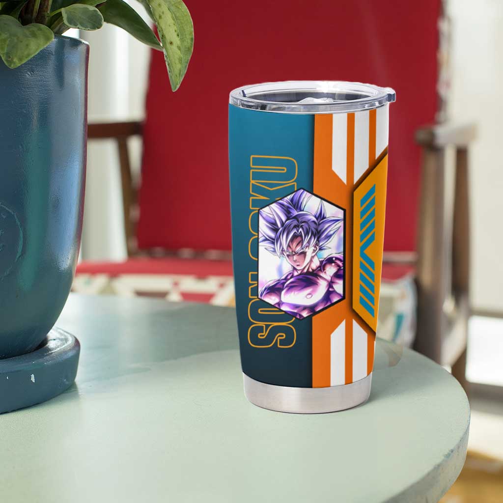 Son Goku from Dragon Ball Tumbler Cup with Orange Gi, Power Pose, and Energy Effect Design - The Mazicc