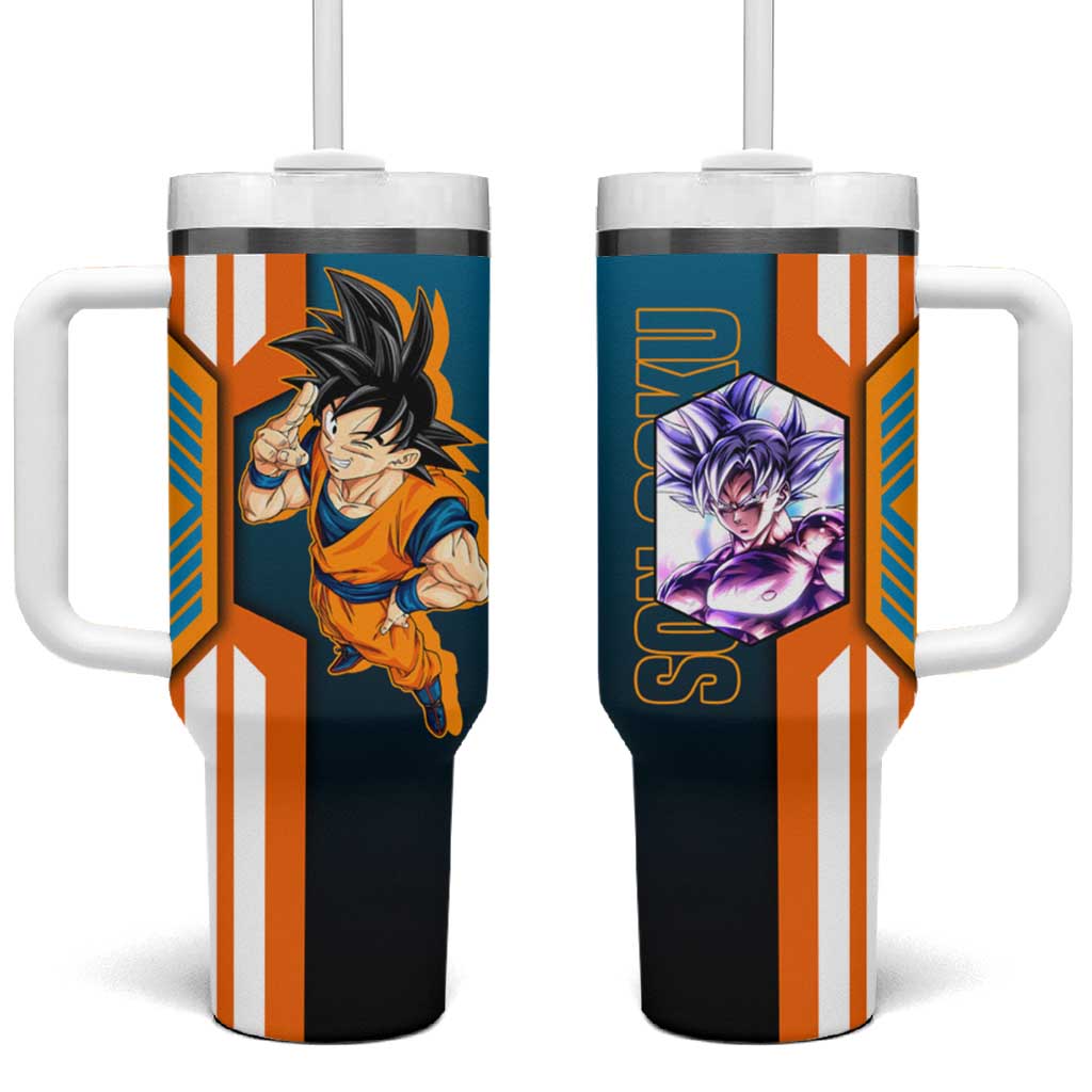Son Goku from Dragon Ball Tumbler With Handle with Orange Gi, Power Pose, and Energy Effect Design - The Mazicc