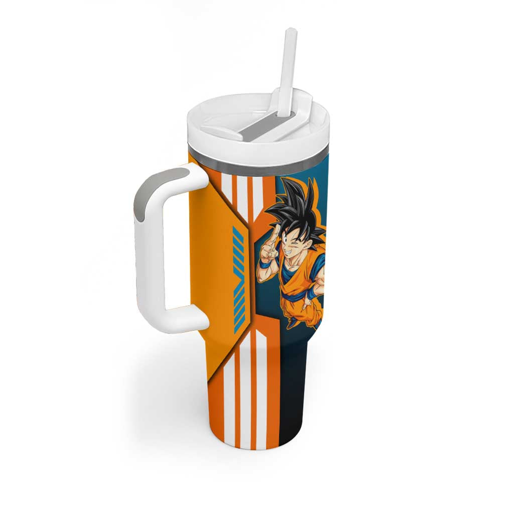 Son Goku from Dragon Ball Tumbler With Handle with Orange Gi, Power Pose, and Energy Effect Design - The Mazicc