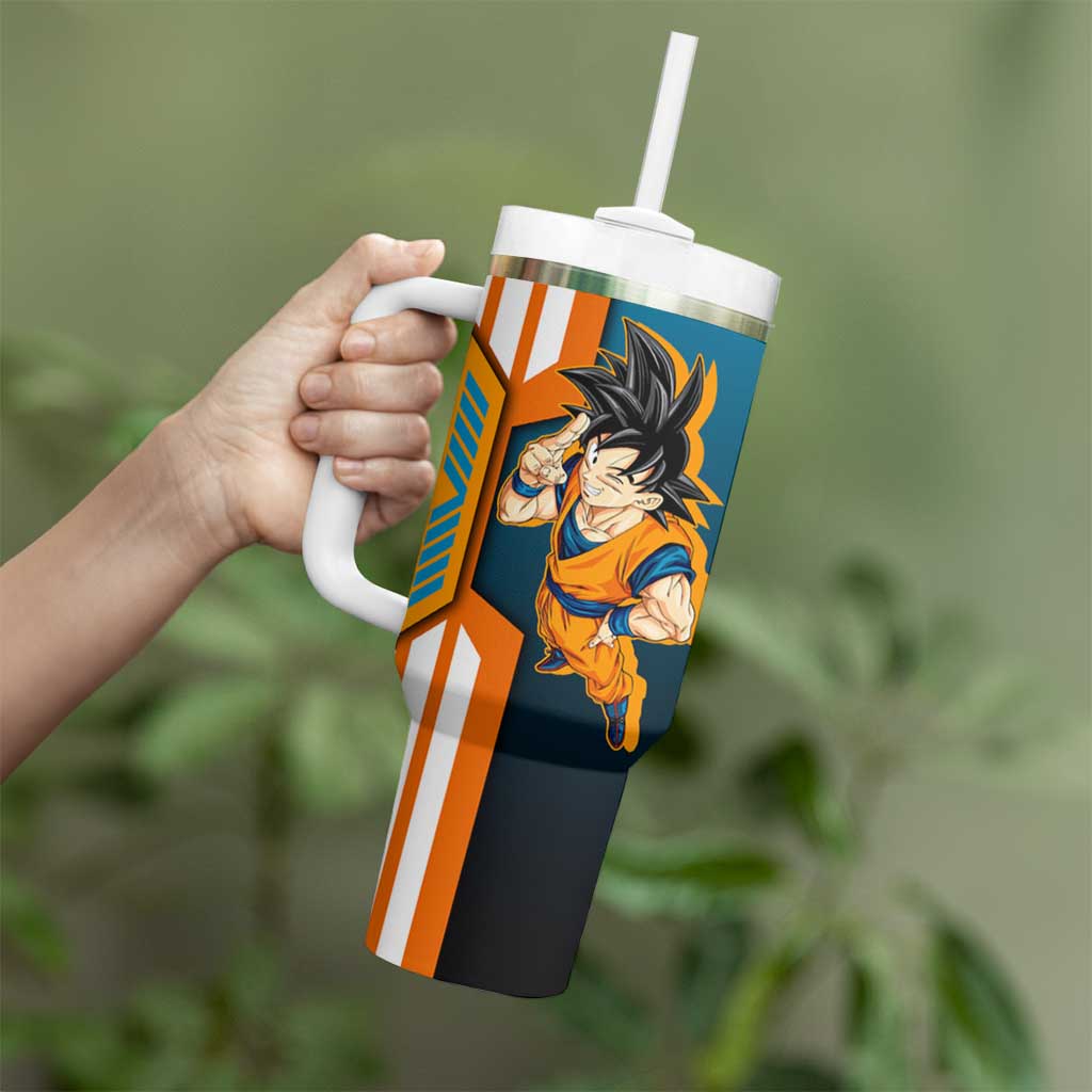 Son Goku from Dragon Ball Tumbler With Handle with Orange Gi, Power Pose, and Energy Effect Design - The Mazicc