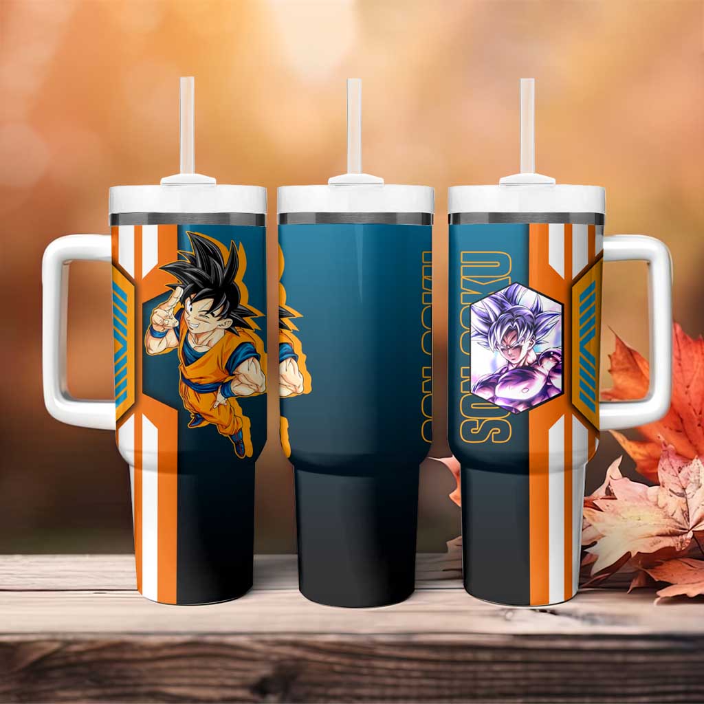 Son Goku from Dragon Ball Tumbler With Handle with Orange Gi, Power Pose, and Energy Effect Design - The Mazicc