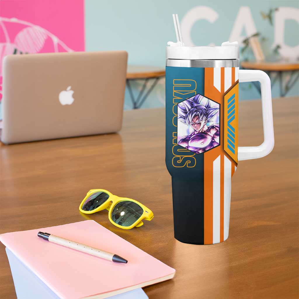 Son Goku from Dragon Ball Tumbler With Handle with Orange Gi, Power Pose, and Energy Effect Design - The Mazicc