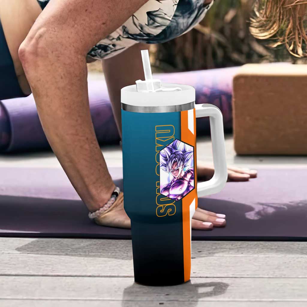 Son Goku from Dragon Ball Tumbler With Handle with Orange Gi, Power Pose, and Energy Effect Design - The Mazicc