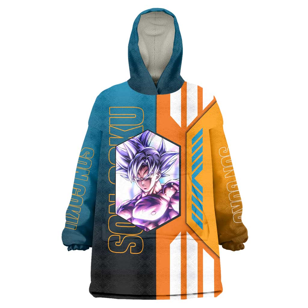 Son Goku from Dragon Ball Wearable Blanket Hoodie with Orange Gi, Power Pose, and Energy Effect Design - The Mazicc