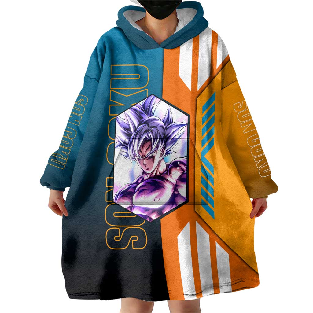 Son Goku from Dragon Ball Wearable Blanket Hoodie with Orange Gi, Power Pose, and Energy Effect Design - The Mazicc