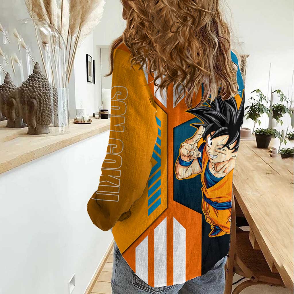 Son Goku from Dragon Ball Women Casual Shirt with Orange Gi, Power Pose, and Energy Effect Design - The Mazicc