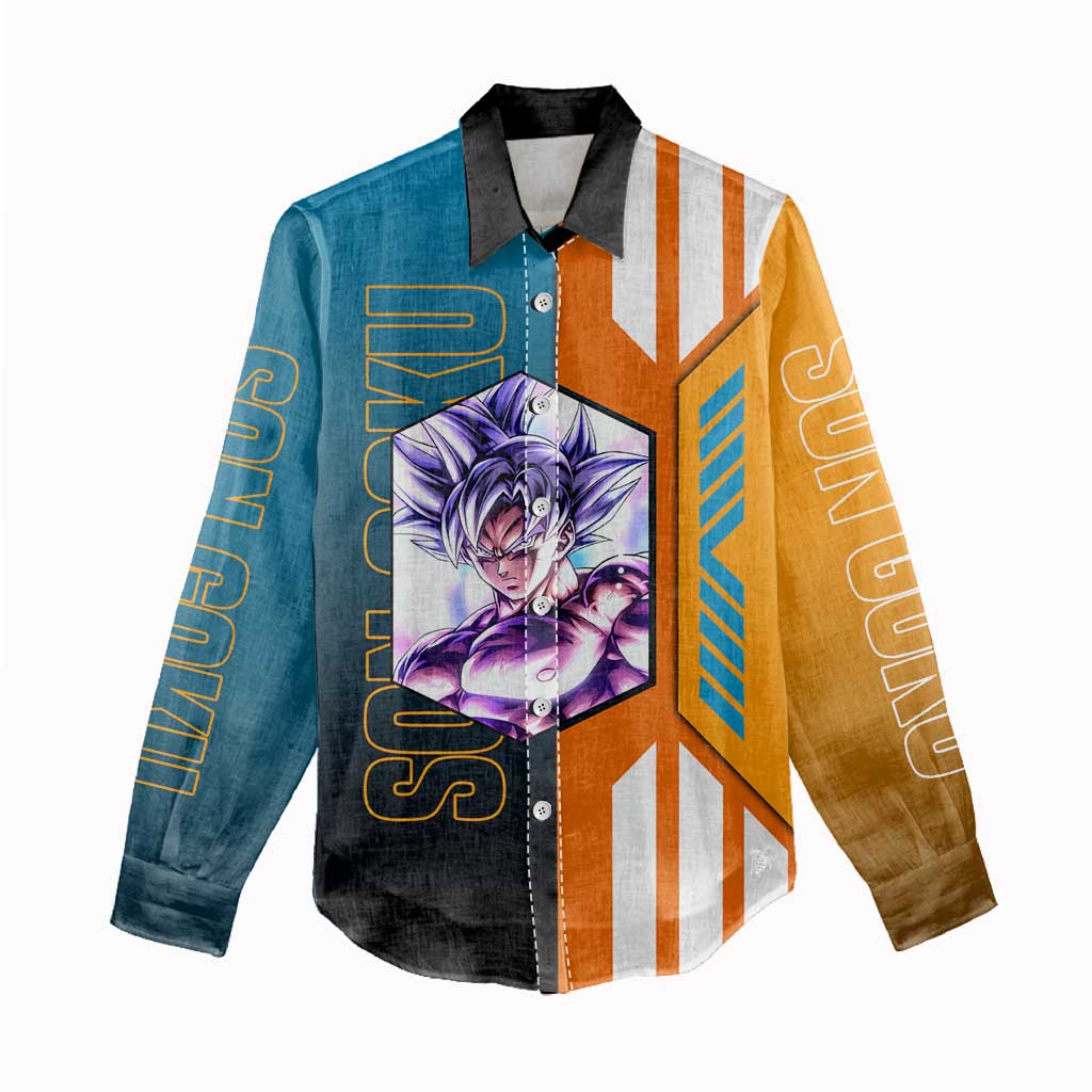 Son Goku from Dragon Ball Women Casual Shirt with Orange Gi, Power Pose, and Energy Effect Design - The Mazicc