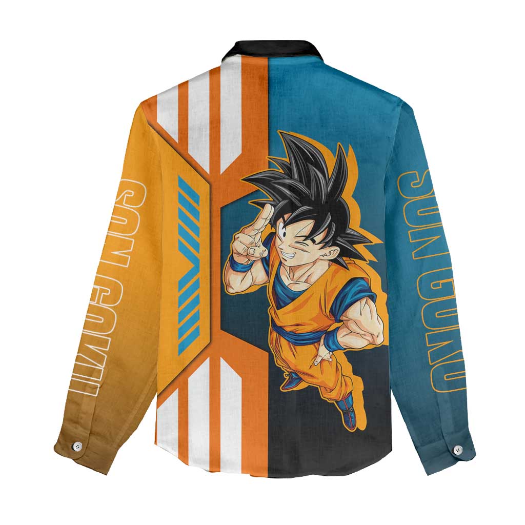 Son Goku from Dragon Ball Women Casual Shirt with Orange Gi, Power Pose, and Energy Effect Design - The Mazicc