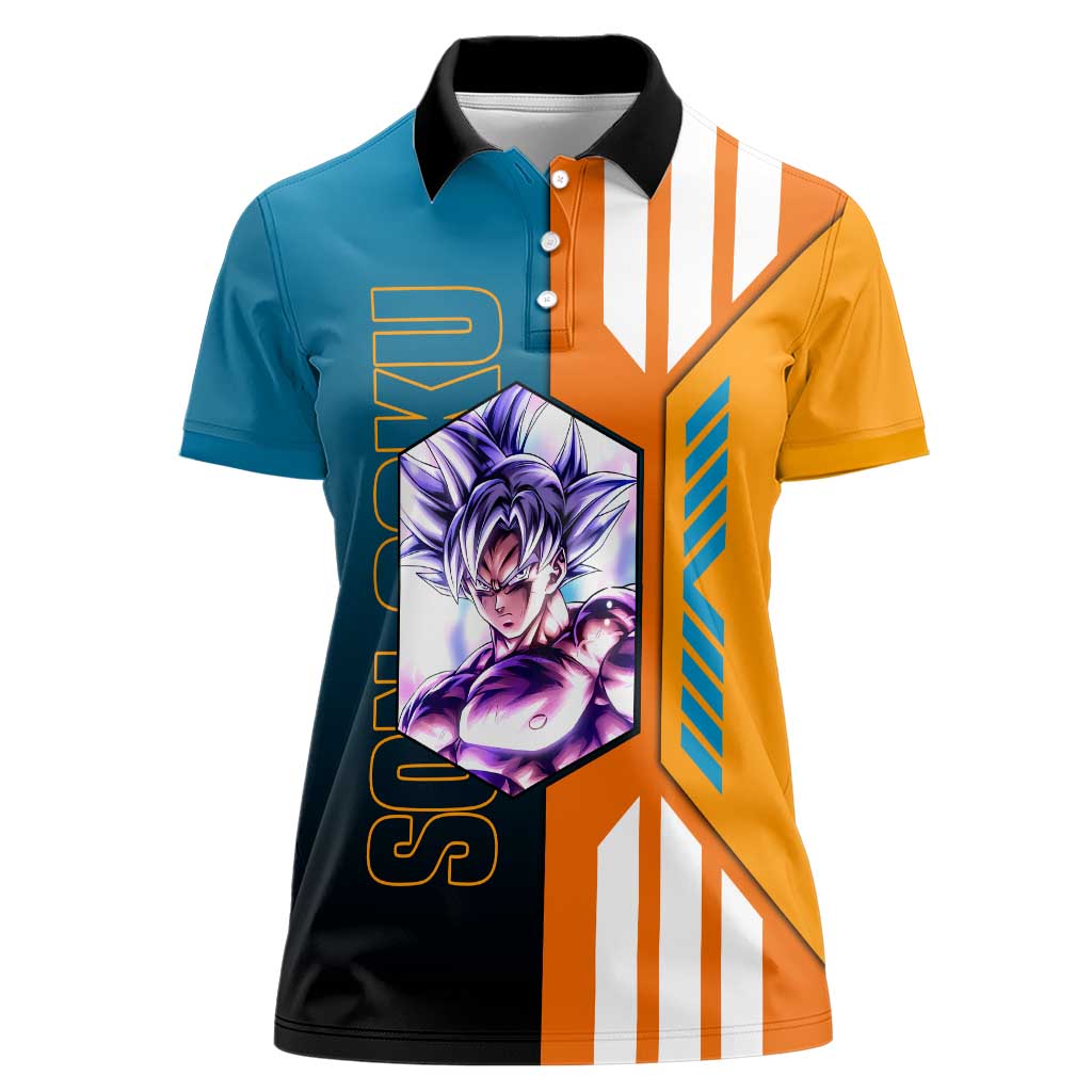 Son Goku from Dragon Ball Women Polo Shirt with Orange Gi, Power Pose, and Energy Effect Design - The Mazicc