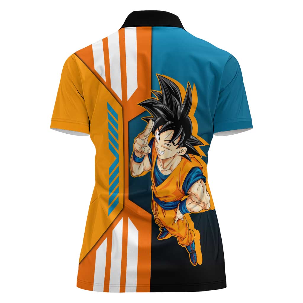 Son Goku from Dragon Ball Women Polo Shirt with Orange Gi, Power Pose, and Energy Effect Design - The Mazicc