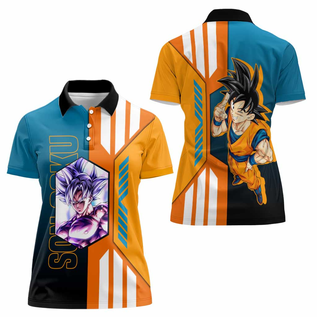 Son Goku from Dragon Ball Women Polo Shirt with Orange Gi, Power Pose, and Energy Effect Design - The Mazicc