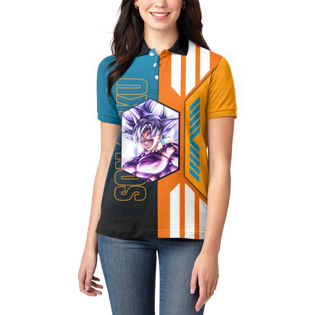 Son Goku from Dragon Ball Women Polo Shirt with Orange Gi, Power Pose, and Energy Effect Design - The Mazicc