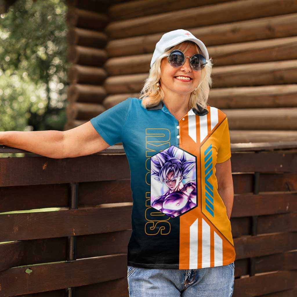 Son Goku from Dragon Ball Women Polo Shirt with Orange Gi, Power Pose, and Energy Effect Design - The Mazicc