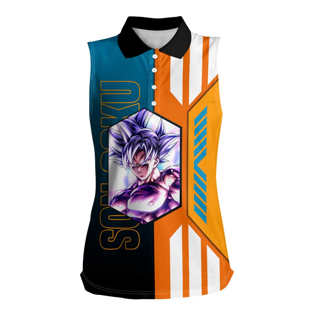 Son Goku from Dragon Ball Women Sleeveless Polo Shirt with Orange Gi, Power Pose, and Energy Effect Design - The Mazicc