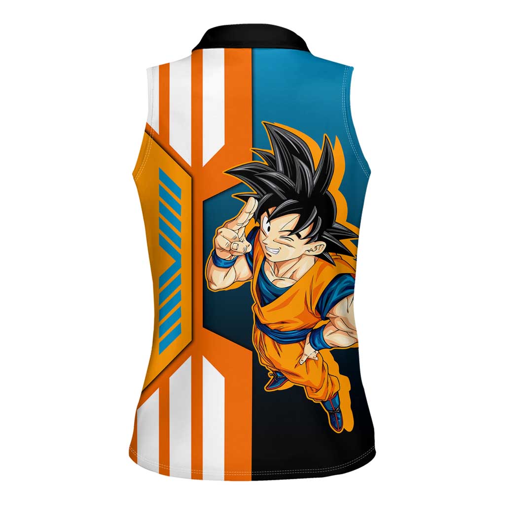 Son Goku from Dragon Ball Women Sleeveless Polo Shirt with Orange Gi, Power Pose, and Energy Effect Design - The Mazicc