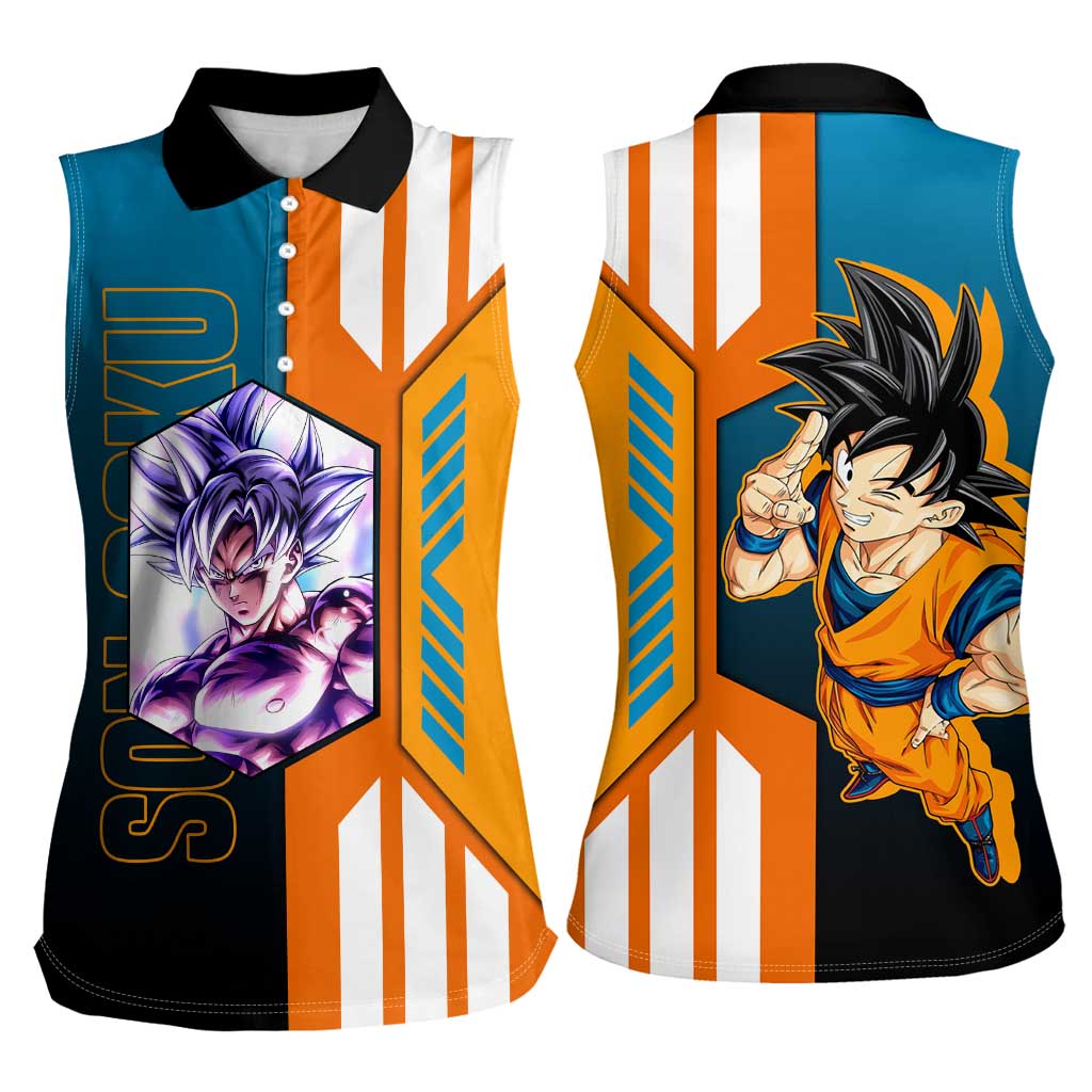 Son Goku from Dragon Ball Women Sleeveless Polo Shirt with Orange Gi, Power Pose, and Energy Effect Design - The Mazicc