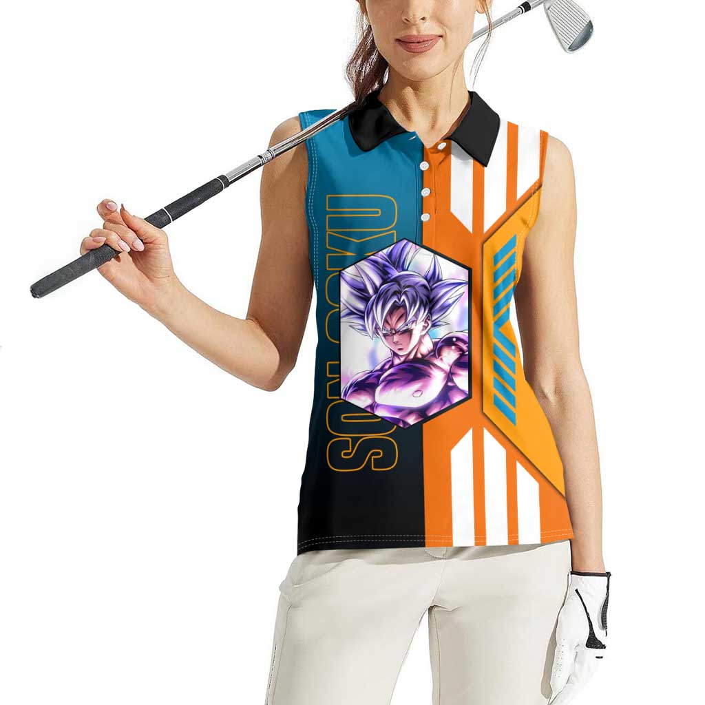 Son Goku from Dragon Ball Women Sleeveless Polo Shirt with Orange Gi, Power Pose, and Energy Effect Design - The Mazicc