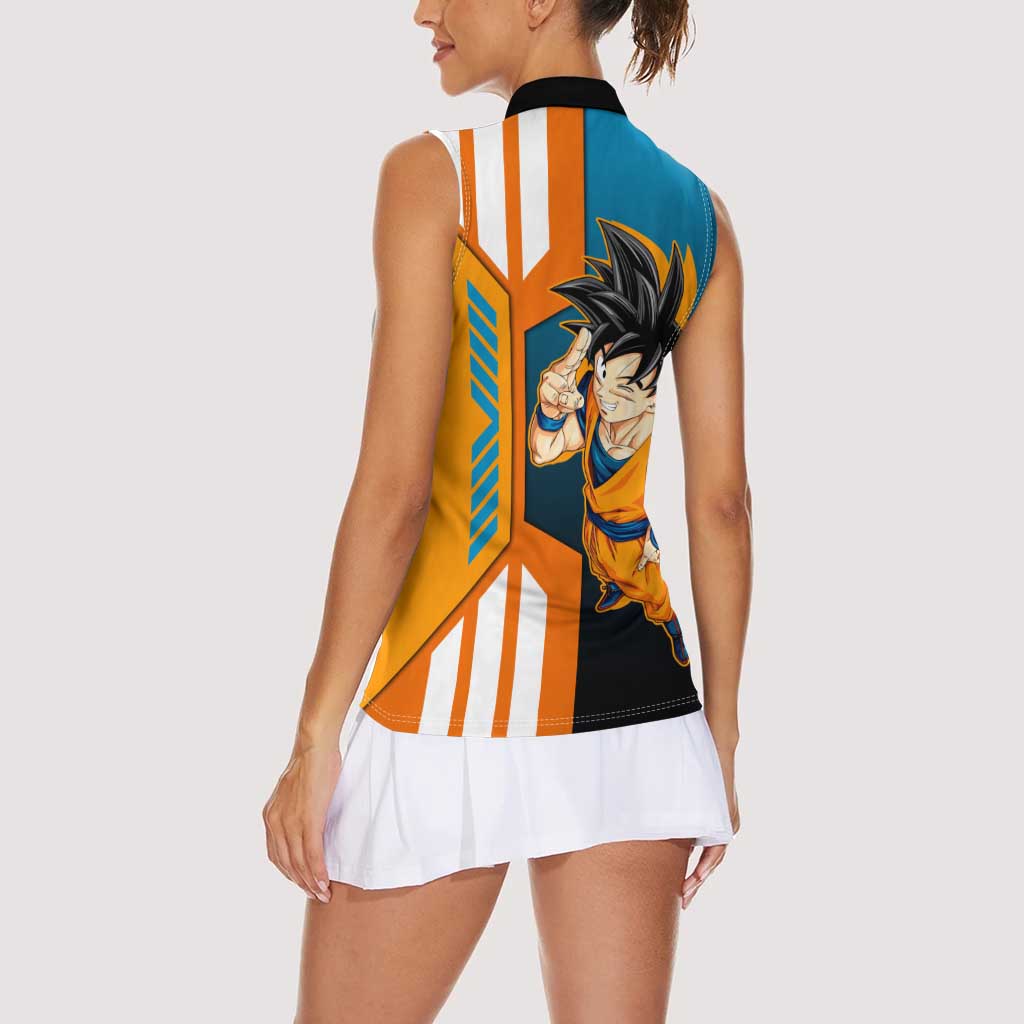 Son Goku from Dragon Ball Women Sleeveless Polo Shirt with Orange Gi, Power Pose, and Energy Effect Design - The Mazicc