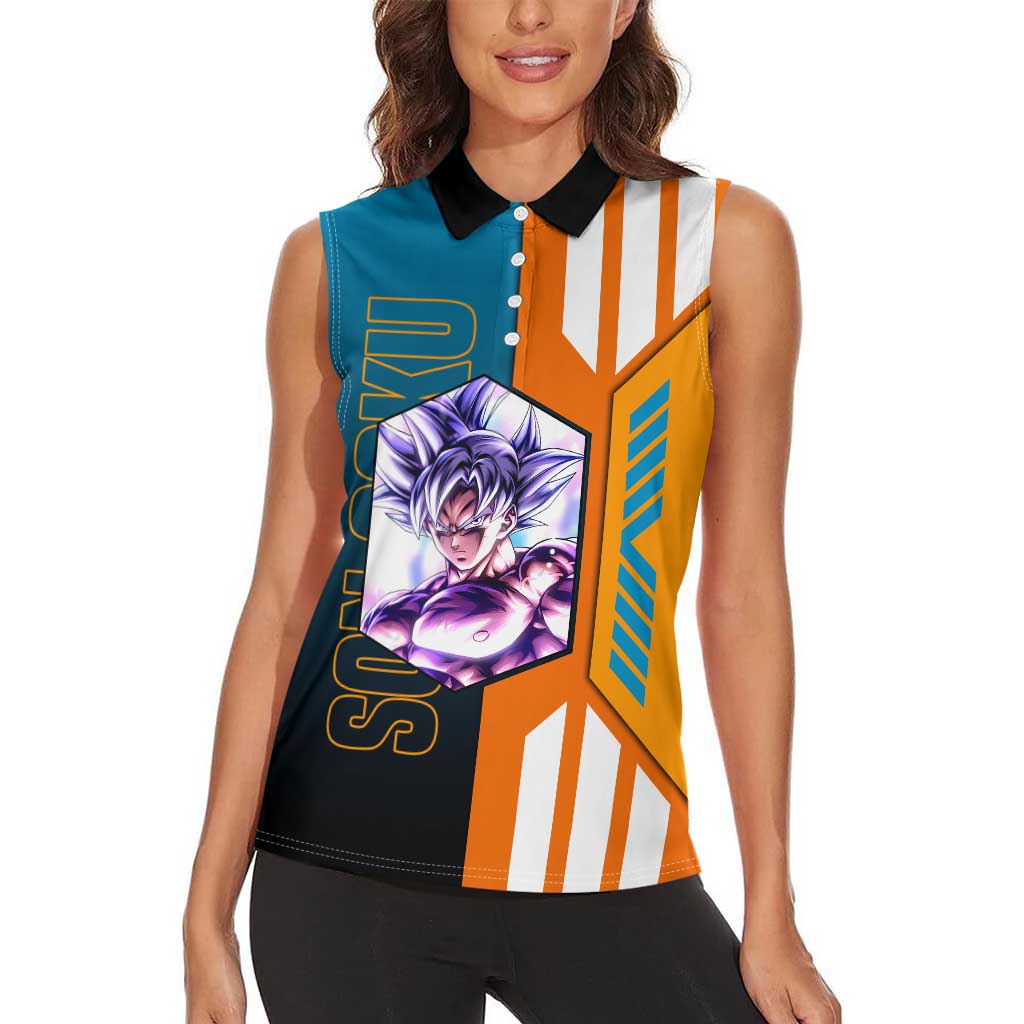 Son Goku from Dragon Ball Women Sleeveless Polo Shirt with Orange Gi, Power Pose, and Energy Effect Design - The Mazicc