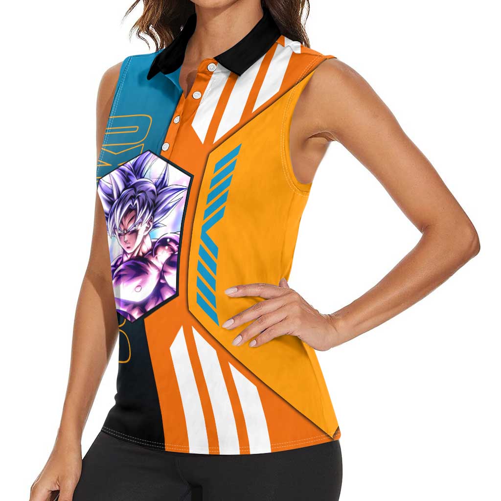 Son Goku from Dragon Ball Women Sleeveless Polo Shirt with Orange Gi, Power Pose, and Energy Effect Design - The Mazicc