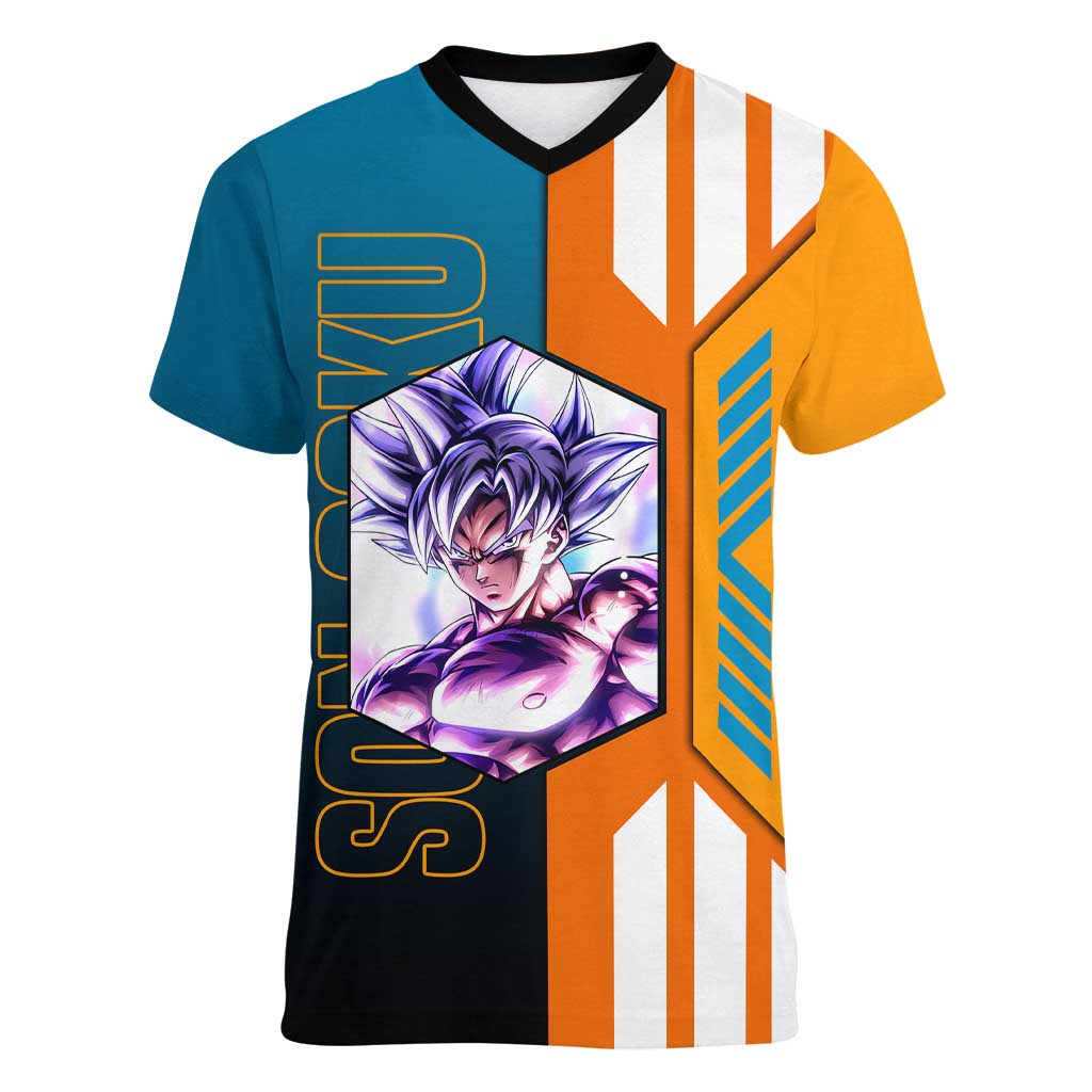 Son Goku from Dragon Ball Women V-Neck T-Shirt with Orange Gi, Power Pose, and Energy Effect Design - The Mazicc