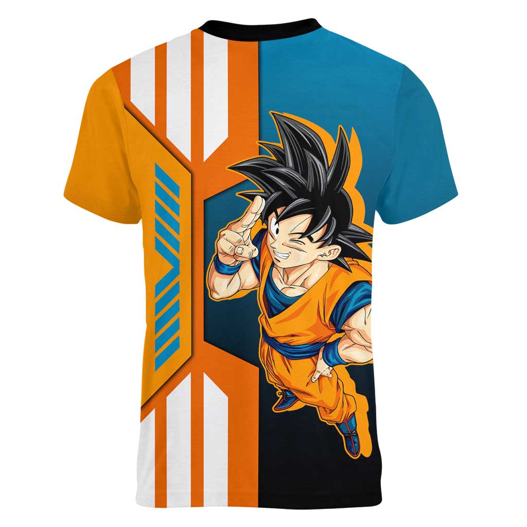 Son Goku from Dragon Ball Women V-Neck T-Shirt with Orange Gi, Power Pose, and Energy Effect Design - The Mazicc